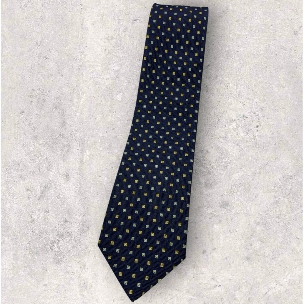 BROOKS BROTHERS Silk Tie USA Navy Blue Yellow Geometric W:3.6" EUC